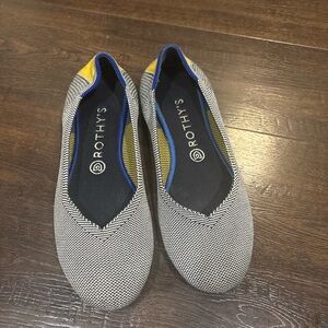 Rothy's Gray Knit Flats with Blue Trim and Yellow Heel